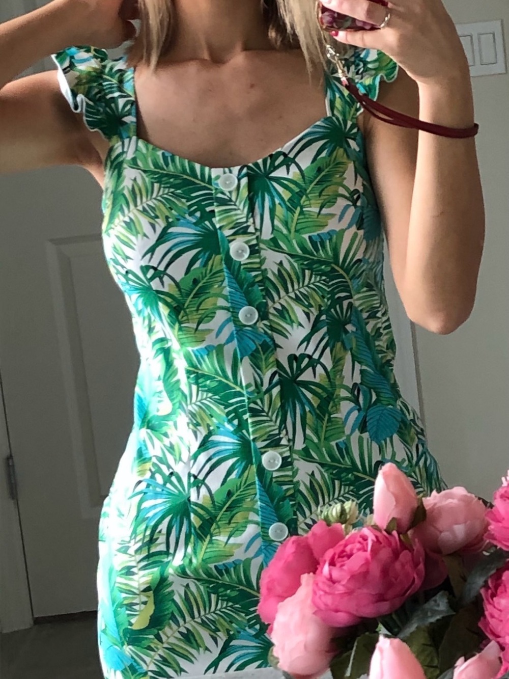 Tropical Green Button-Front Mini Dress